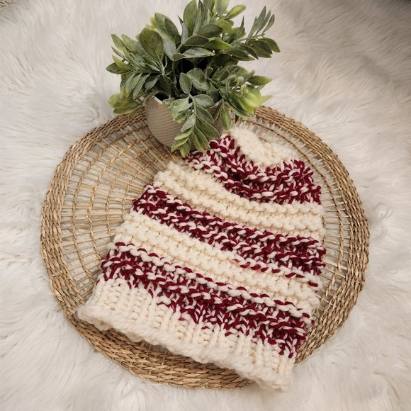 Handmade Loom Knit Red & Cream Striped Winter Stocking Hat - Picture 1 of 4